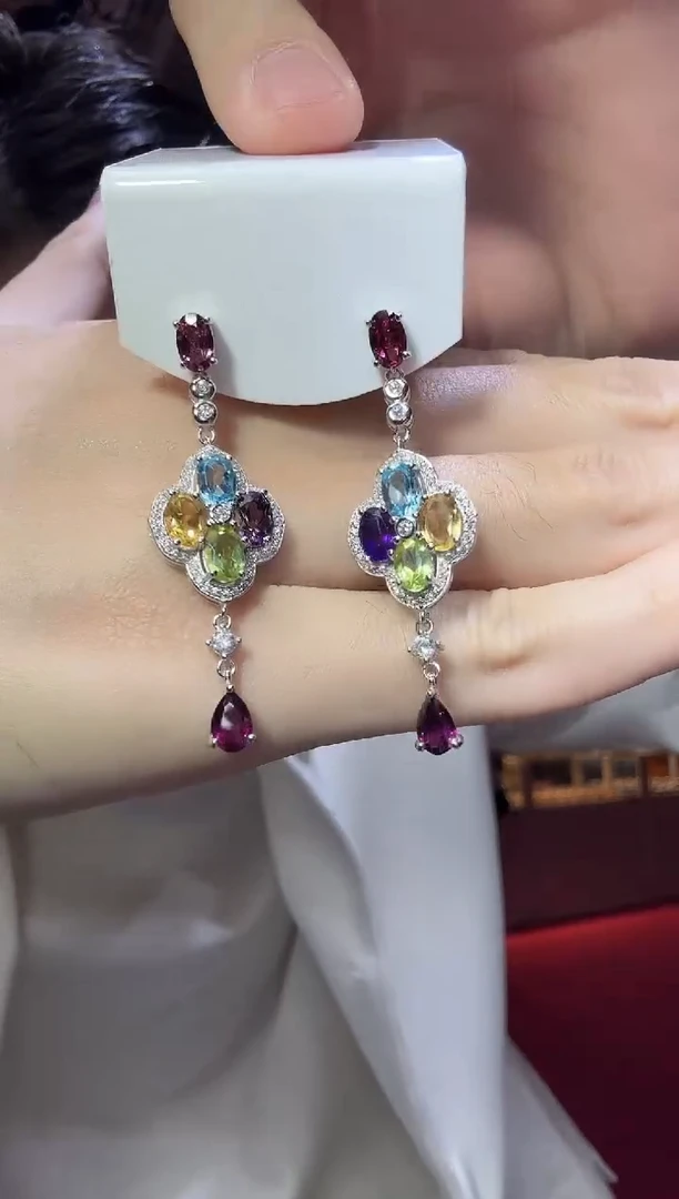 银S925镶嵌托帕石耳饰多彩宝石新中式耳坠