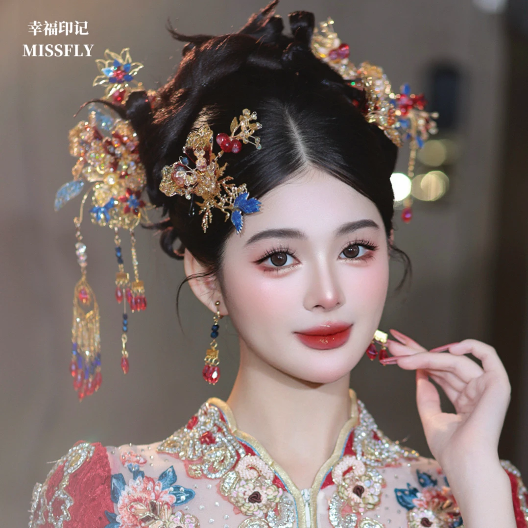 新娘头饰新中式金红蓝秀禾发饰旗袍马面裙汉服配饰品凝胶花朵减龄