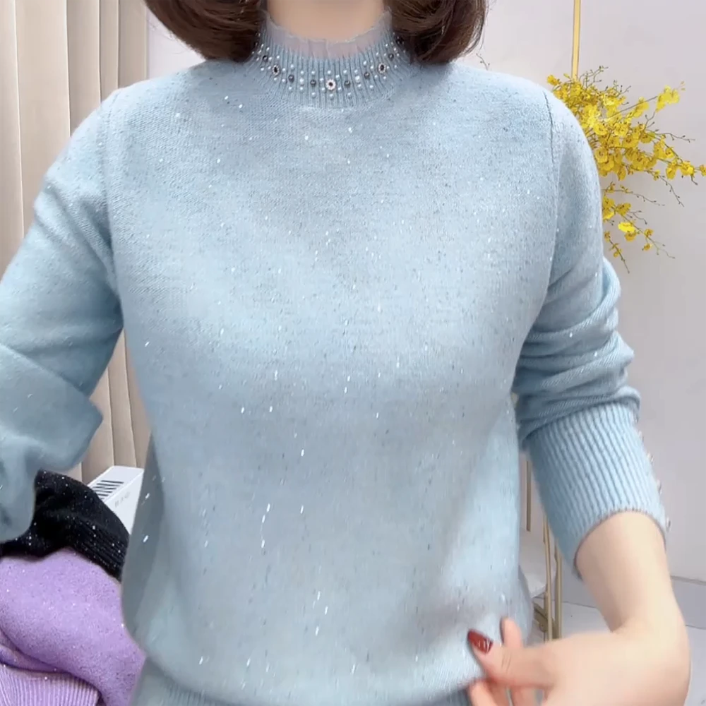 韩版圆领气质新年新款领口钉珠蕾丝半高领设计感软糯针织衫上衣女