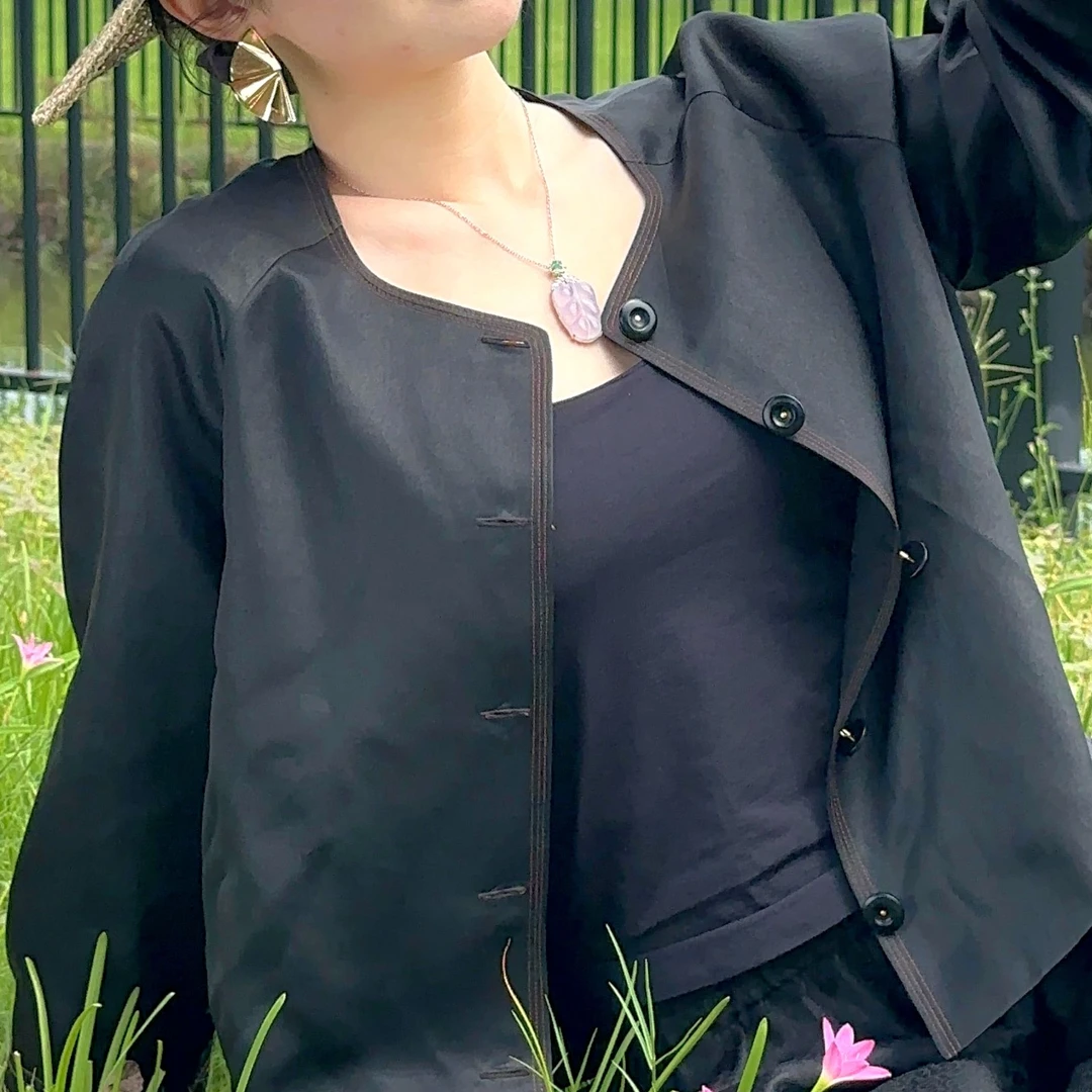 【黑珍珠】二次泥素绉缎休闲百搭原色香云纱外套 YB0004