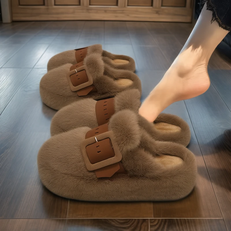包头毛毛拖鞋女外穿2025新款秋冬厚底皮带扣加绒软底防滑孕妇棉拖