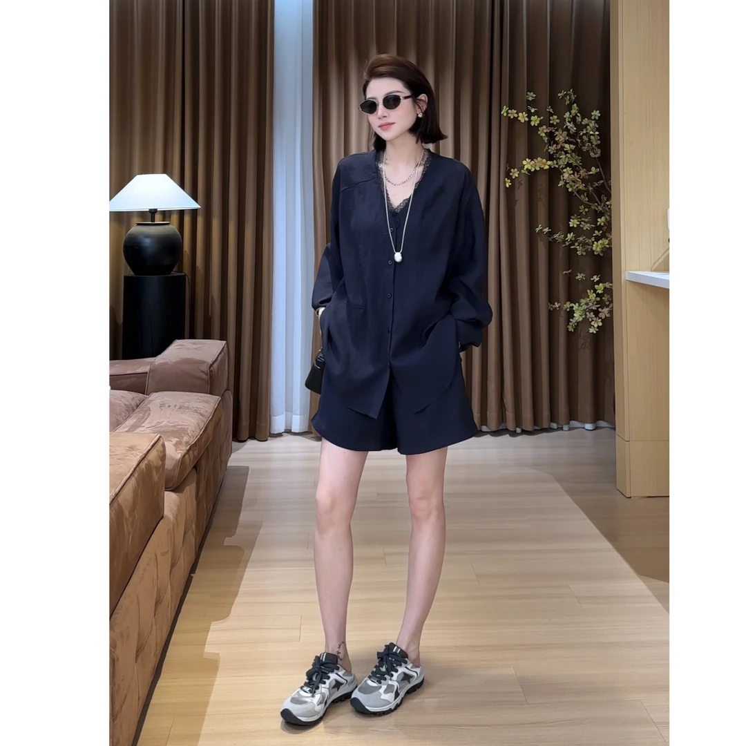 YYOUHAN 2025夏季小众设计V领蕾丝拼接长袖防晒两件套 2505C2678