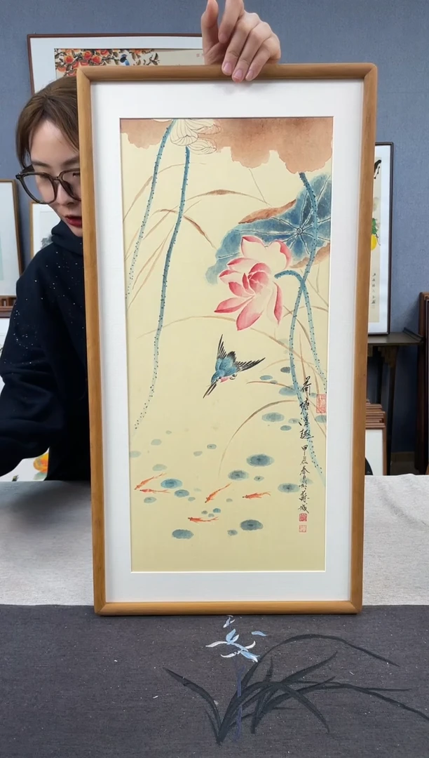 【闪购商品】国画手写手绘带框作品-35*68-荷花