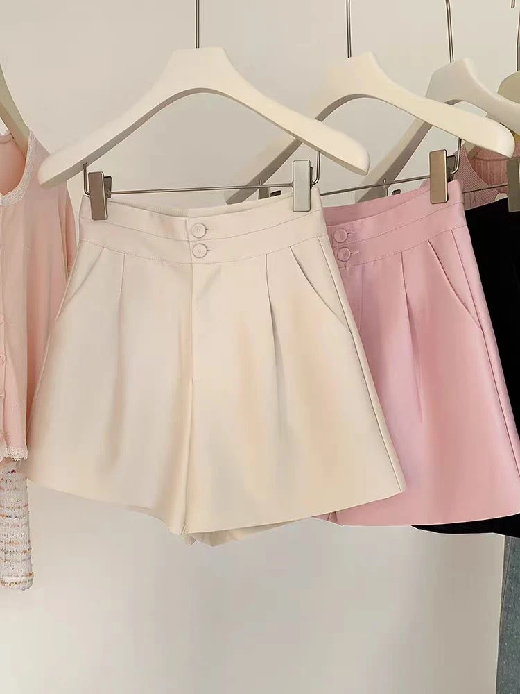 双纽扣高腰休闲西装短裤