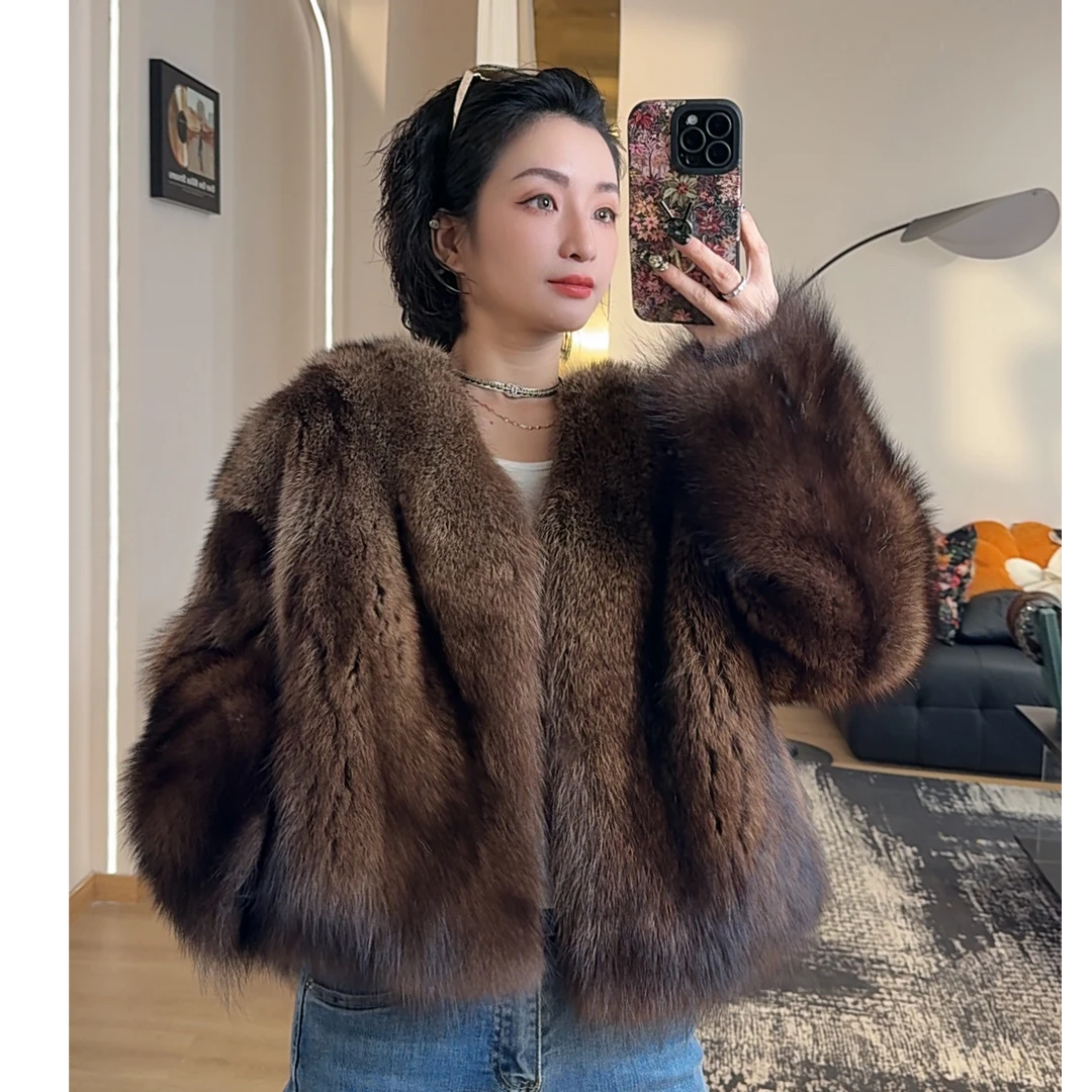 QISHI 北美渔貂进口小母貂V领短款皮草短外套女整皮年轻中古本色