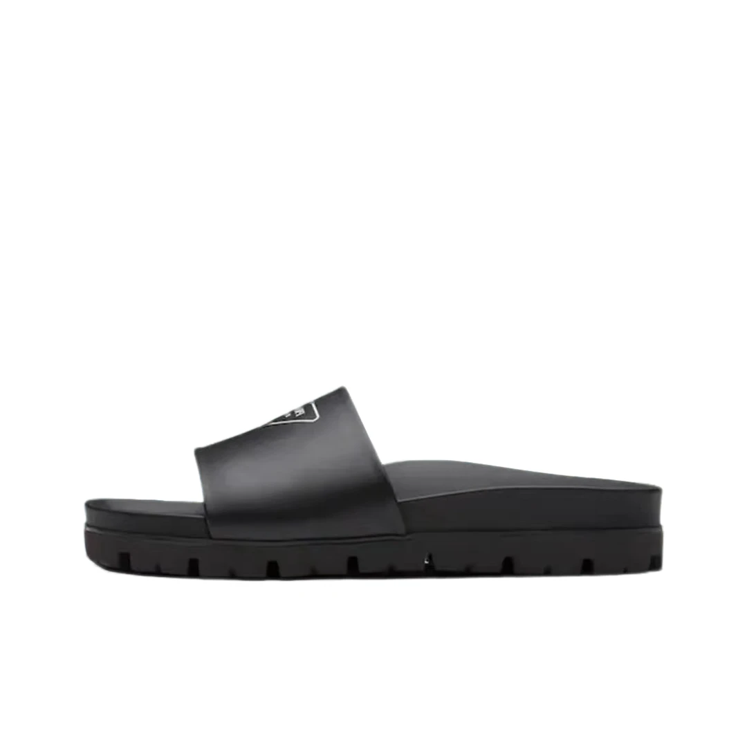 未使用 Prada/普拉达 男款Logo黑色皮质休闲时尚厚底夏季凉拖鞋