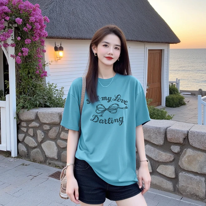 【蝴蝶字母】美式复古印花短袖t恤女夏显瘦百搭圆领慵懒风纯棉上衣