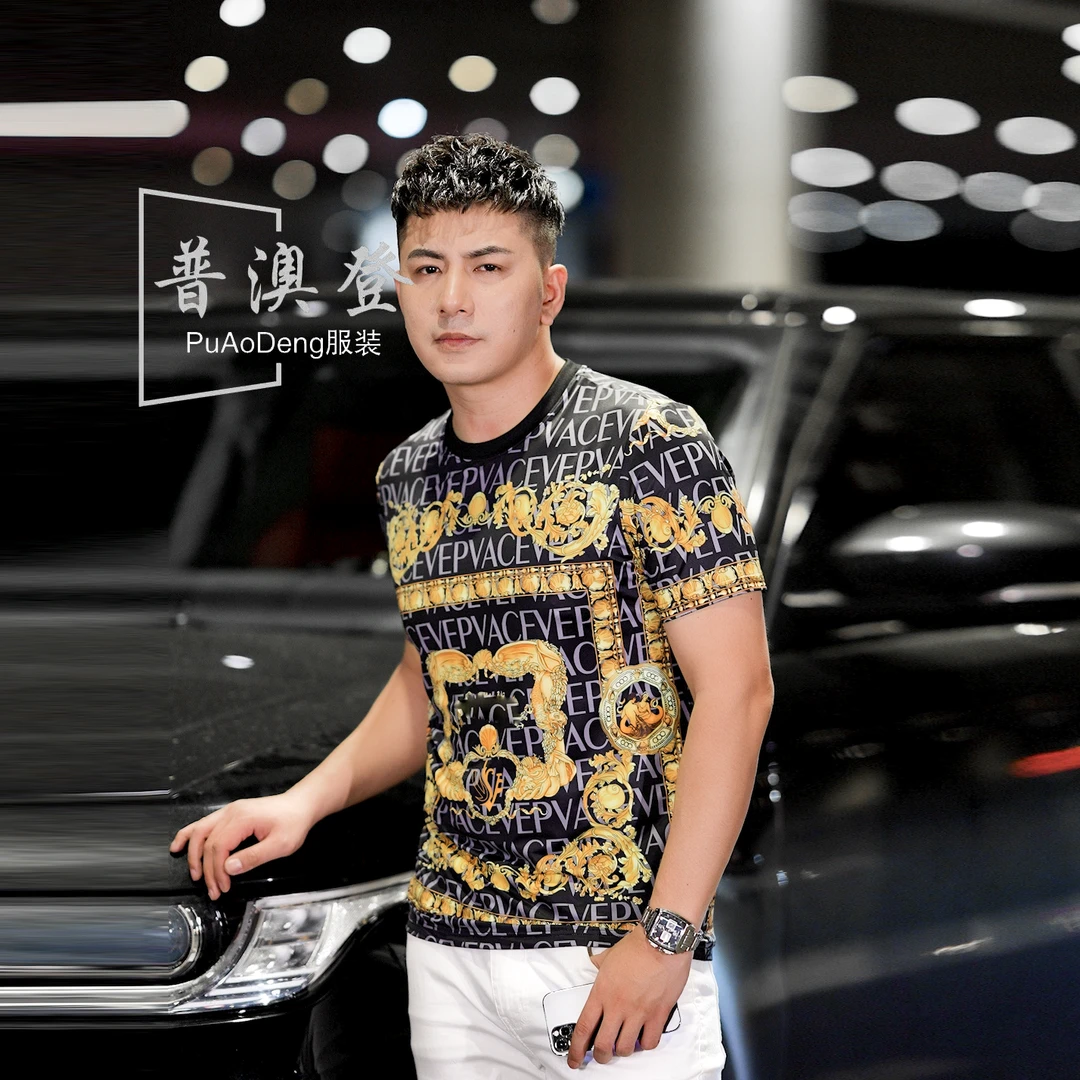 2025夏季出游时尚潮流个性百搭上衣高级感男装满印男款短袖T恤