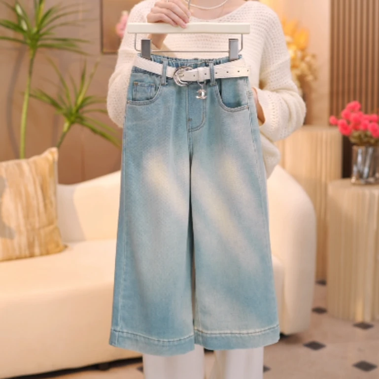 女童裤子春秋款2025新款韩版休闲百搭宽松直筒阔腿牛仔裤潮