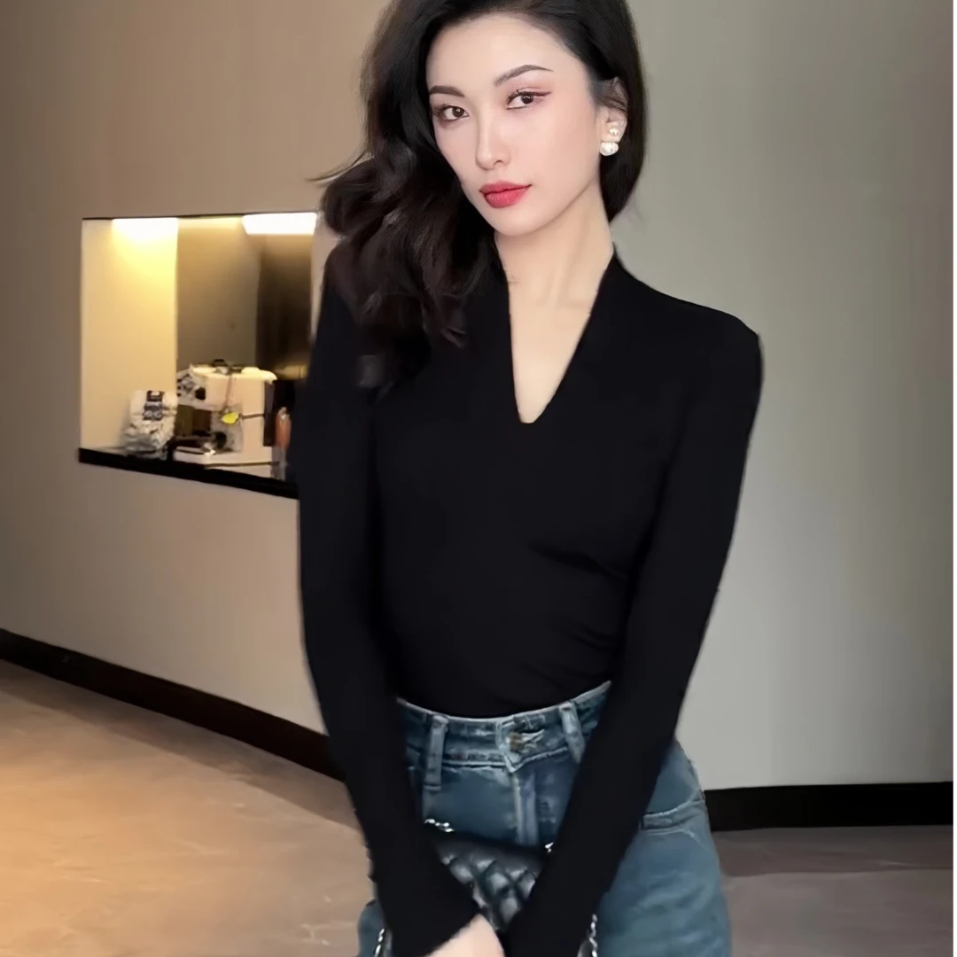 黑色V领t恤女长袖春秋2025新款修身洋气弹力打底衫内搭高级感上衣