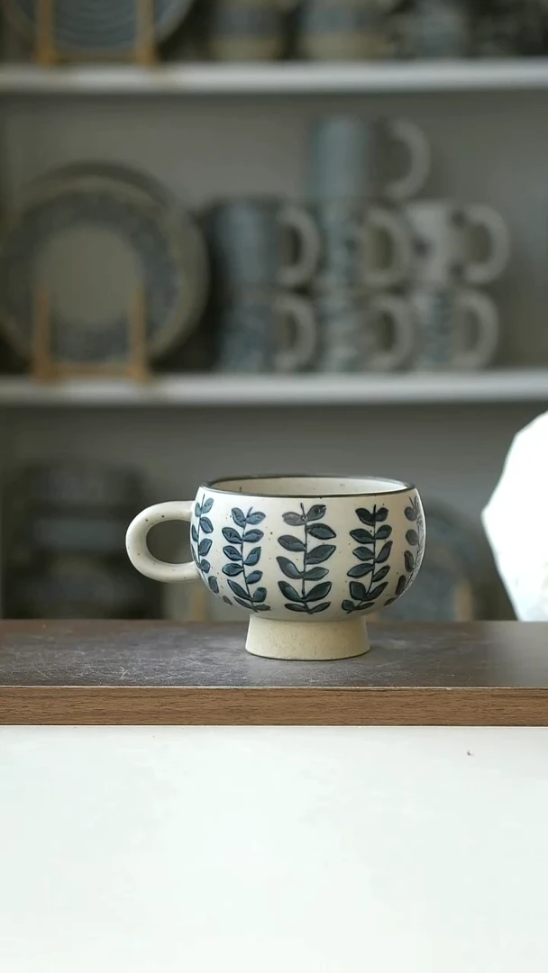 陶粗陶手绘藤蔓高足蛋杯220ml@7-7@