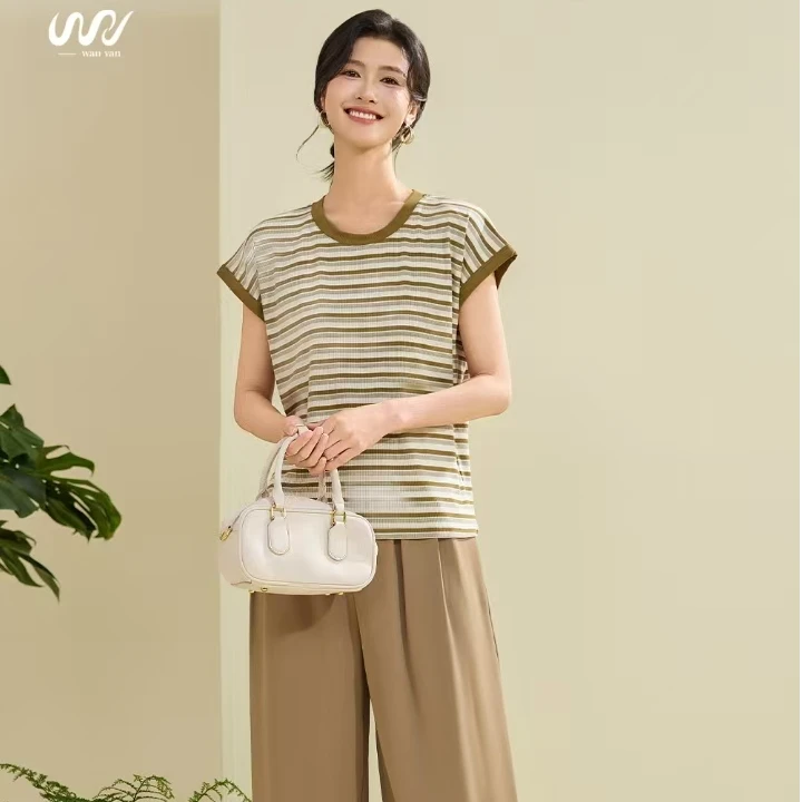 套装短袖圆领气质宽松型女士运动条纹背心飞飞袖T恤拼接时尚