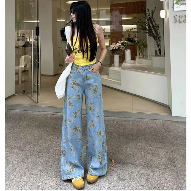 高腰黄色印花牛仔裤女宽松显瘦直筒拖地阔腿裤设计感