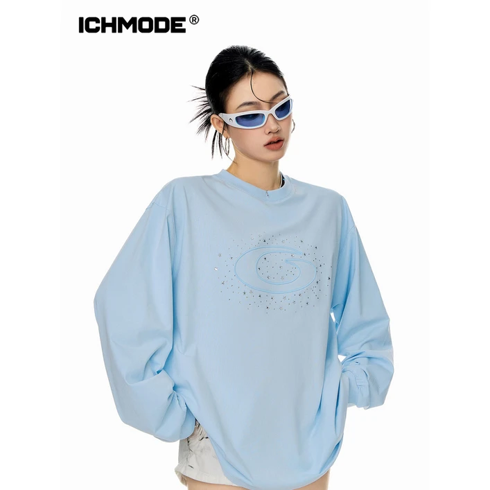 ICHMODE美式烫钻长袖T恤女秋设计上衣运动针织时尚休闲情侣宽松