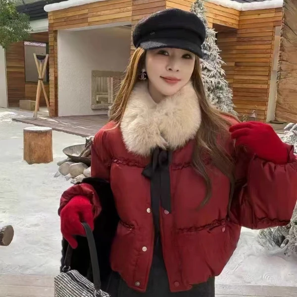 璐璐定制--圣诞红狐狸大毛领羽绒服女2025冬季新款50白鸭绒外套
