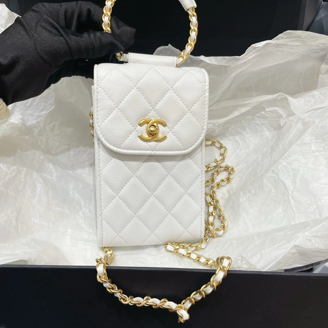 95新 Chanel/香奈儿 手环手机包 白金荔枝皮 29开
