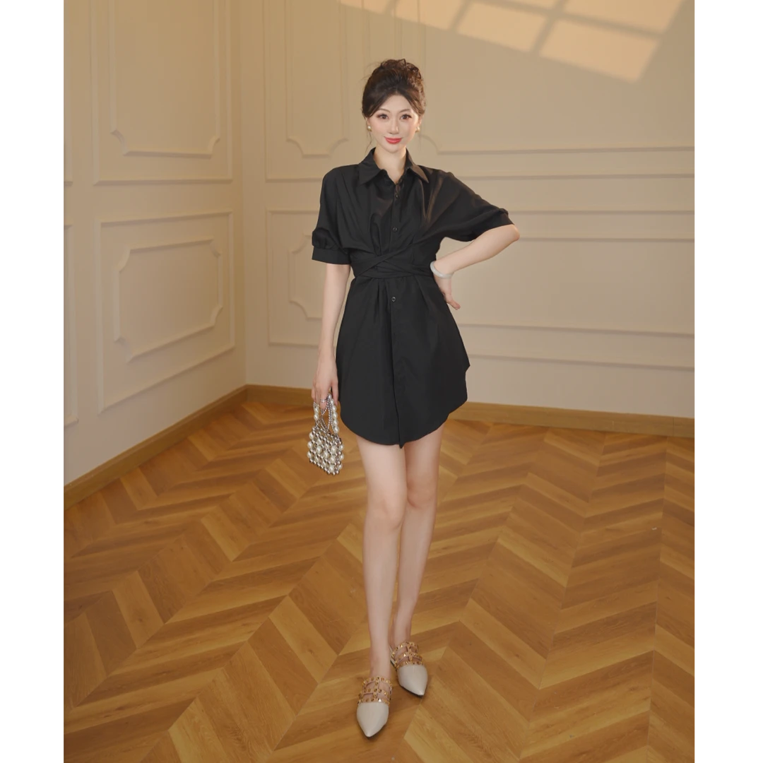 【张小小】【两件套】短袖2025夏气质交叉系带高腰短裤两件套女D1485