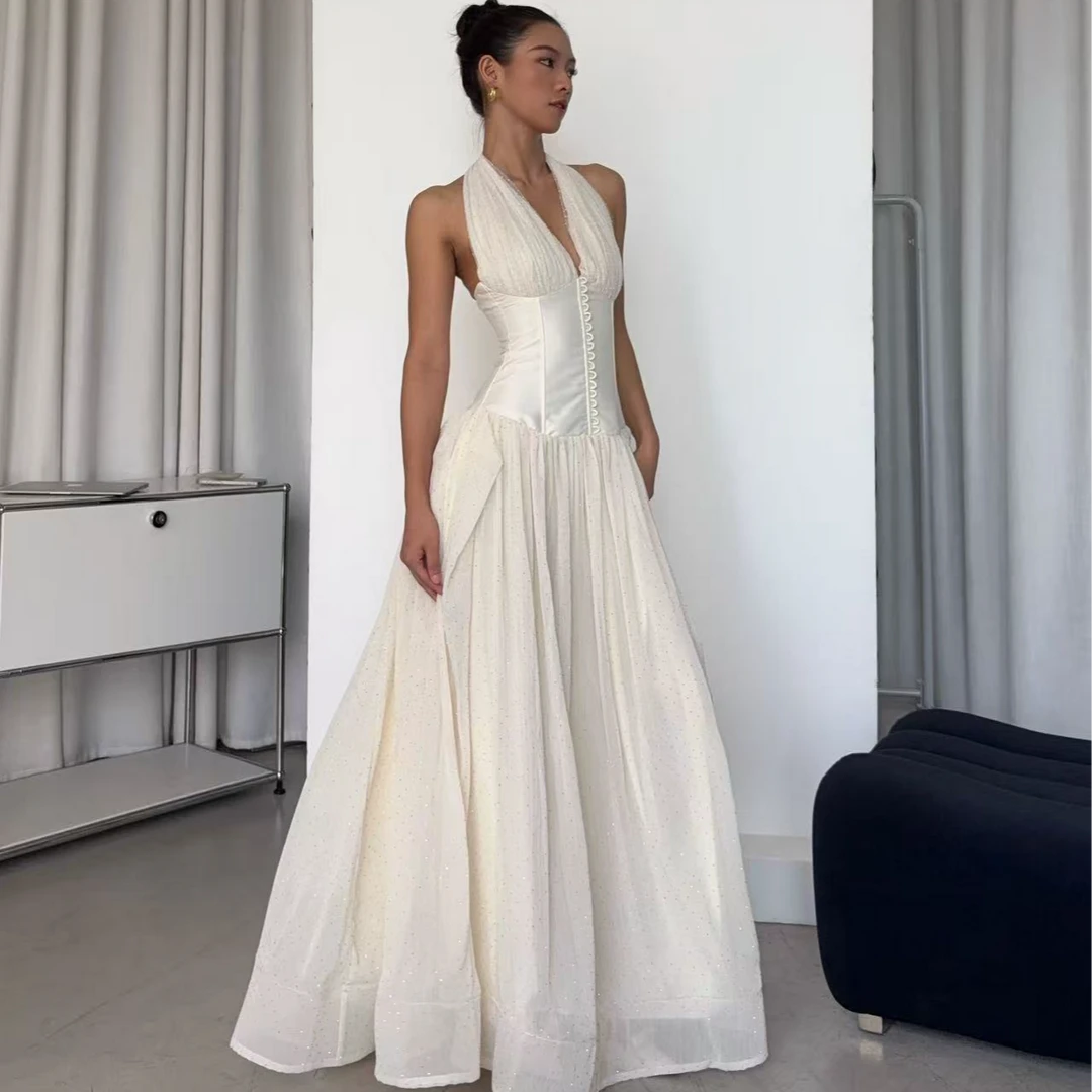 Younger Lady挂脖连衣裙长裙连衣裙优雅欧美风钻钻礼服裙