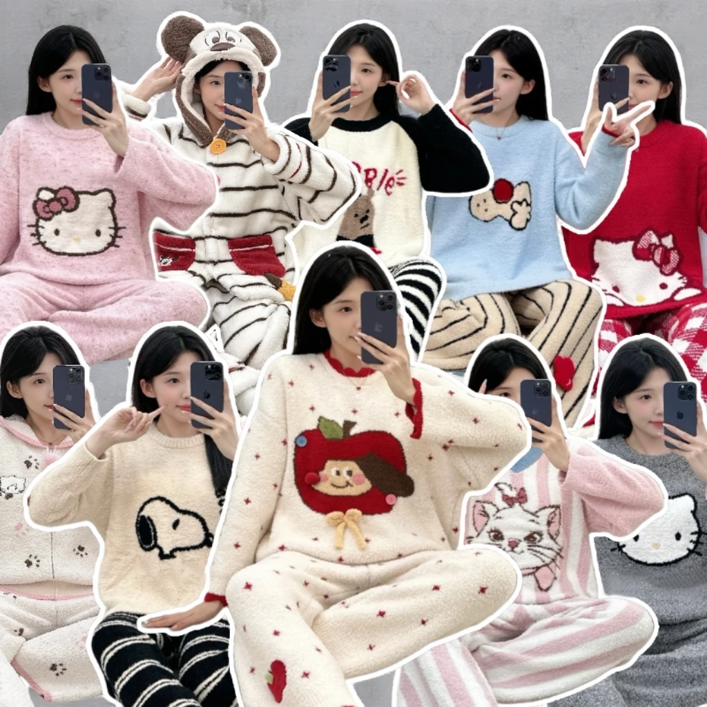 【5号链接】冬季加绒加厚保暖卡通半边绒女睡衣家居服套装可外穿