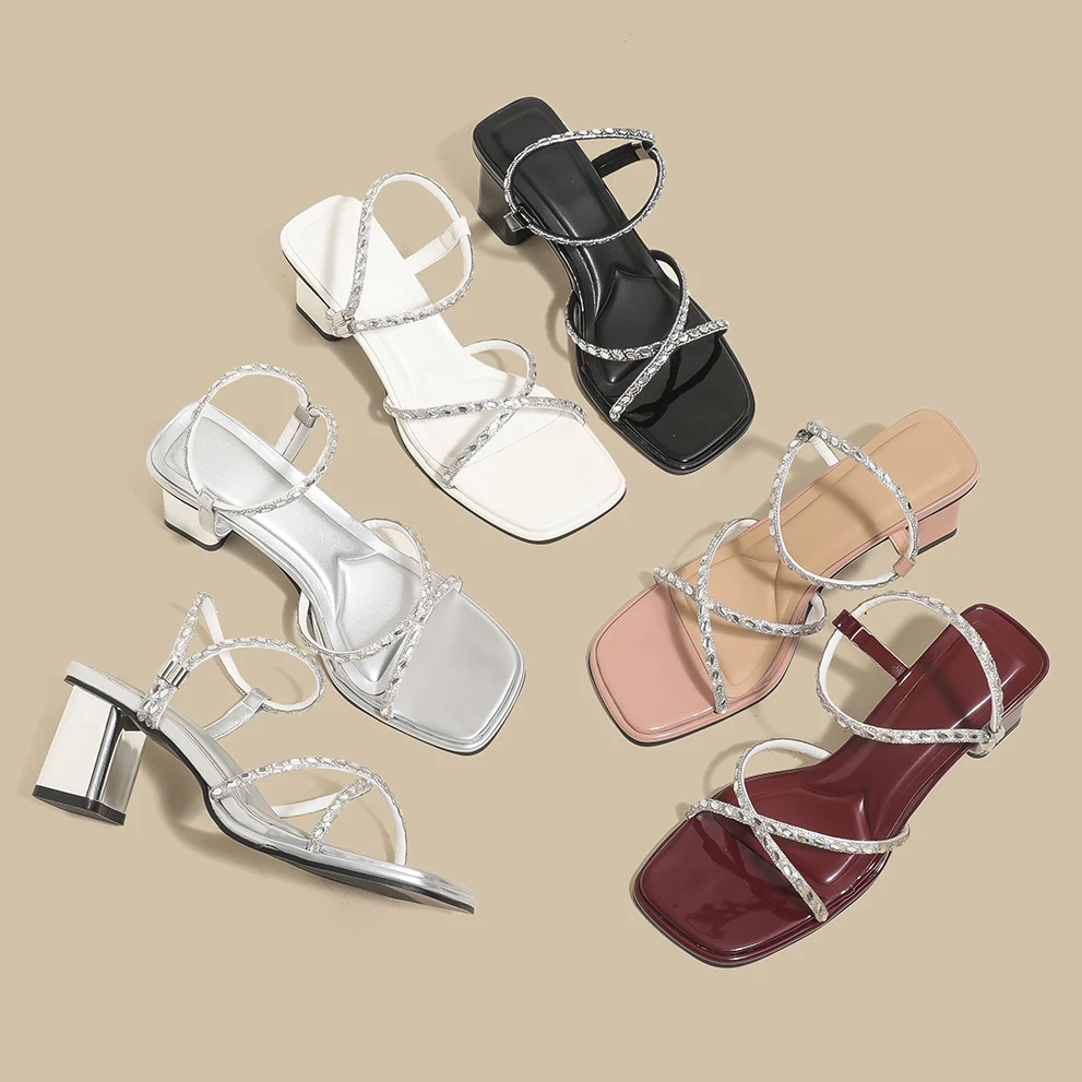 绝美夏季方头水钻粗跟露趾气质高跟凉鞋2025新款高级感罗马凉鞋