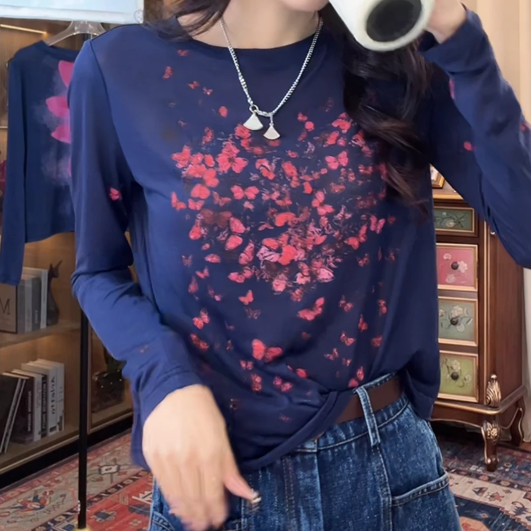 设计感光影蝴蝶复古减龄显瘦长袖T恤女2025夏季新款撞色软糯上衣