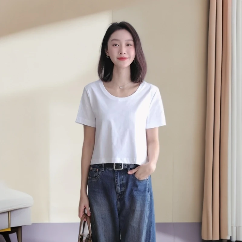 正肩短款t恤女款纯色短袖休闲高腰显瘦体恤网红百搭大U领上衣夏季