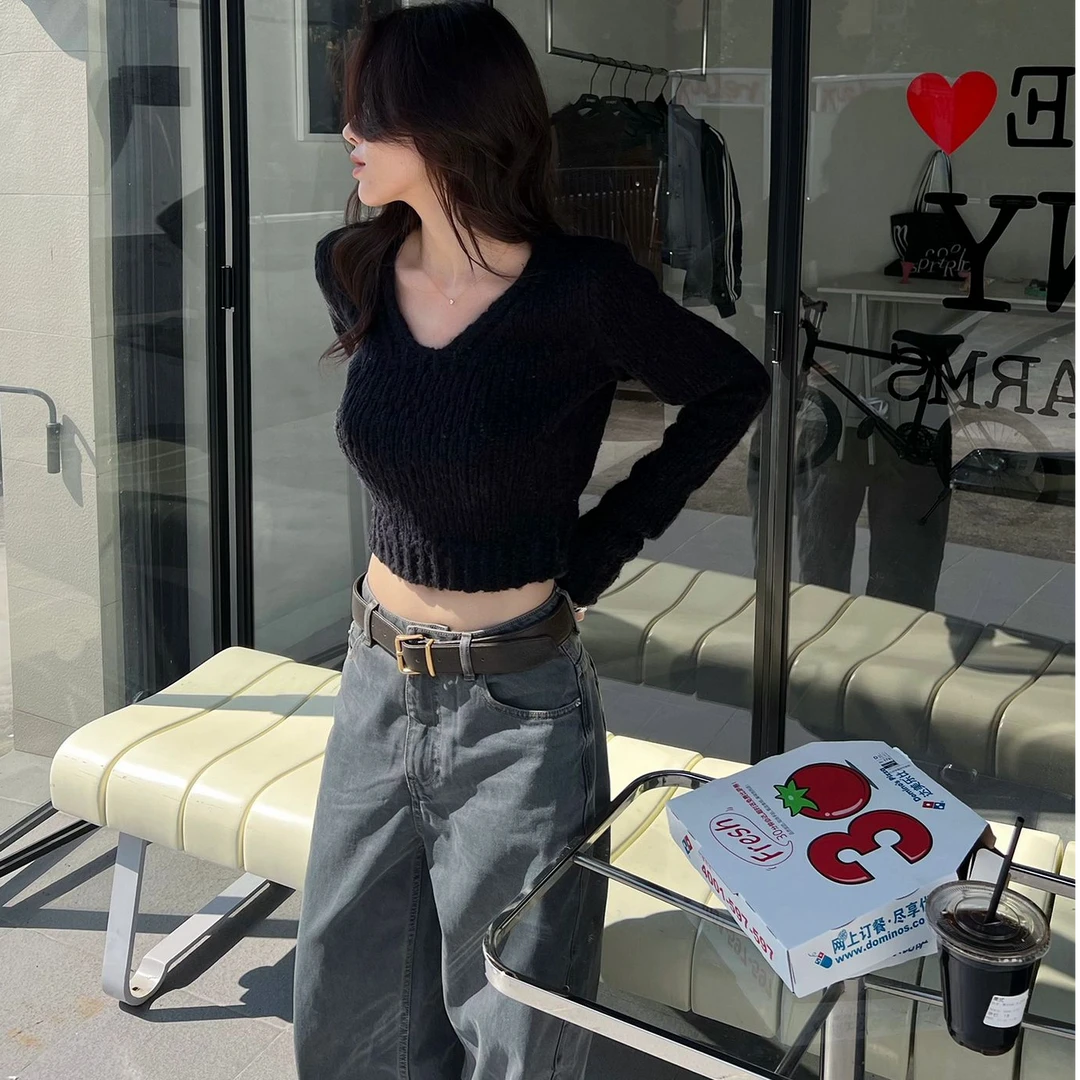 秋季韩系穿搭一整套大码胖mm黑色V领长袖上衣搭配牛仔裤时尚套装