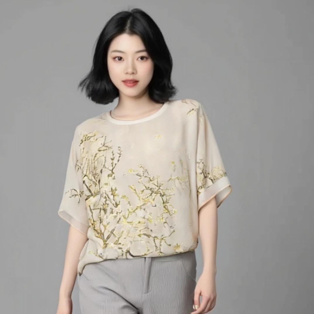 夏新款宽松简约碎花圆领上衣T201
