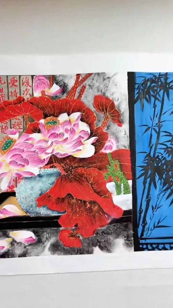 国画红荷/多字款/4尺托底/谭正坤