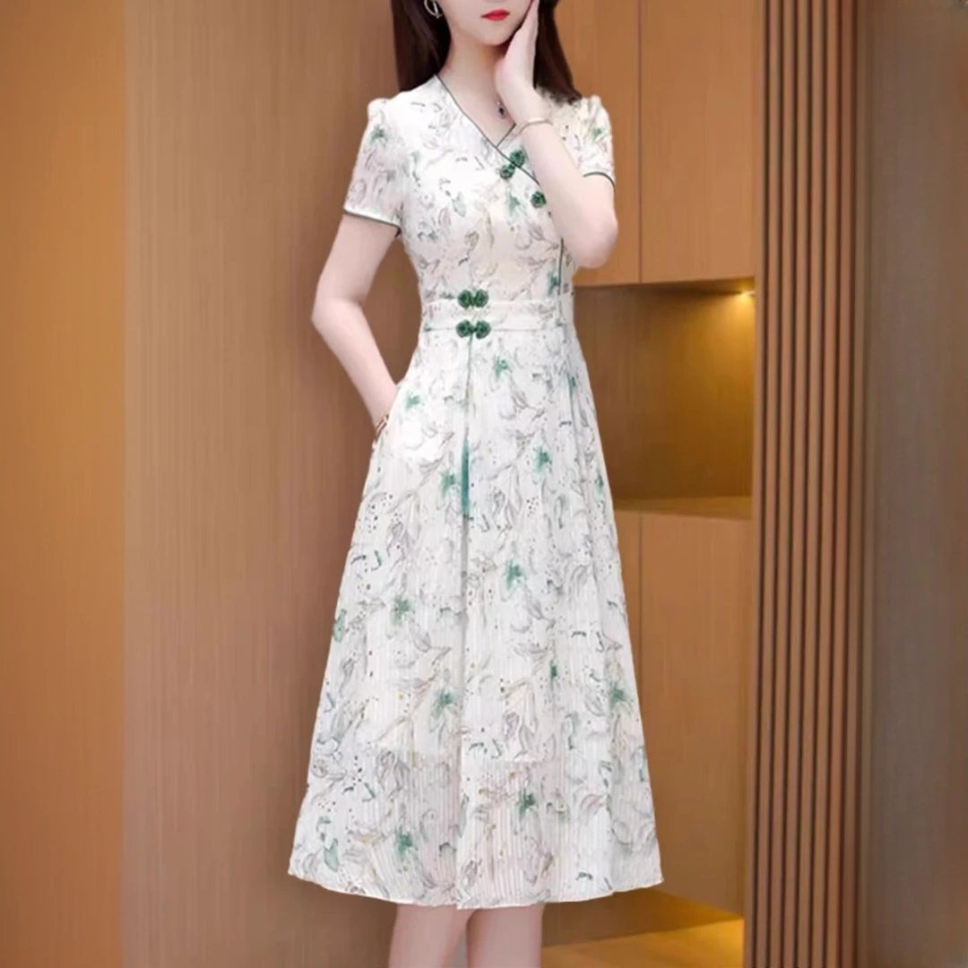 改良低领旗袍连衣裙女夏新款爆款高端中国风大气上档次妈妈裙子