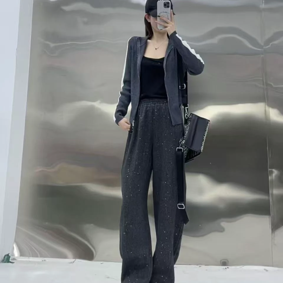 【新品首发】灰色满天星弹力腰满面闪片时尚显瘦百搭宽松直筒弯刀裤