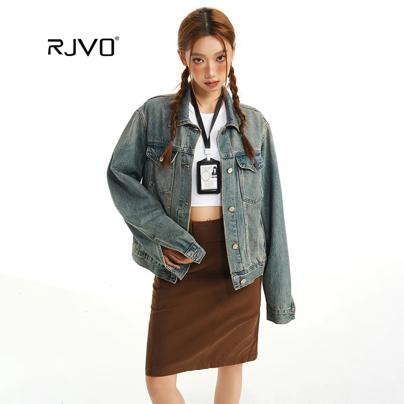 RJVO新款复古修身时尚流行减龄街头风辣妹短牛仔外
