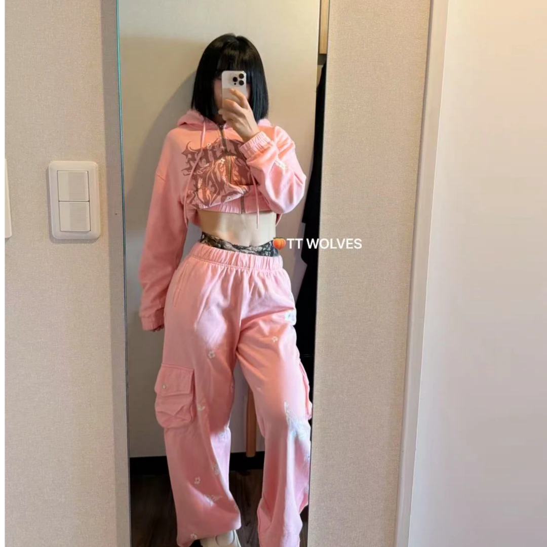 TTWOLVES狼头樱花系列女士秋冬定织纯棉拉毛口袋阔腿裤卫裤卫衣