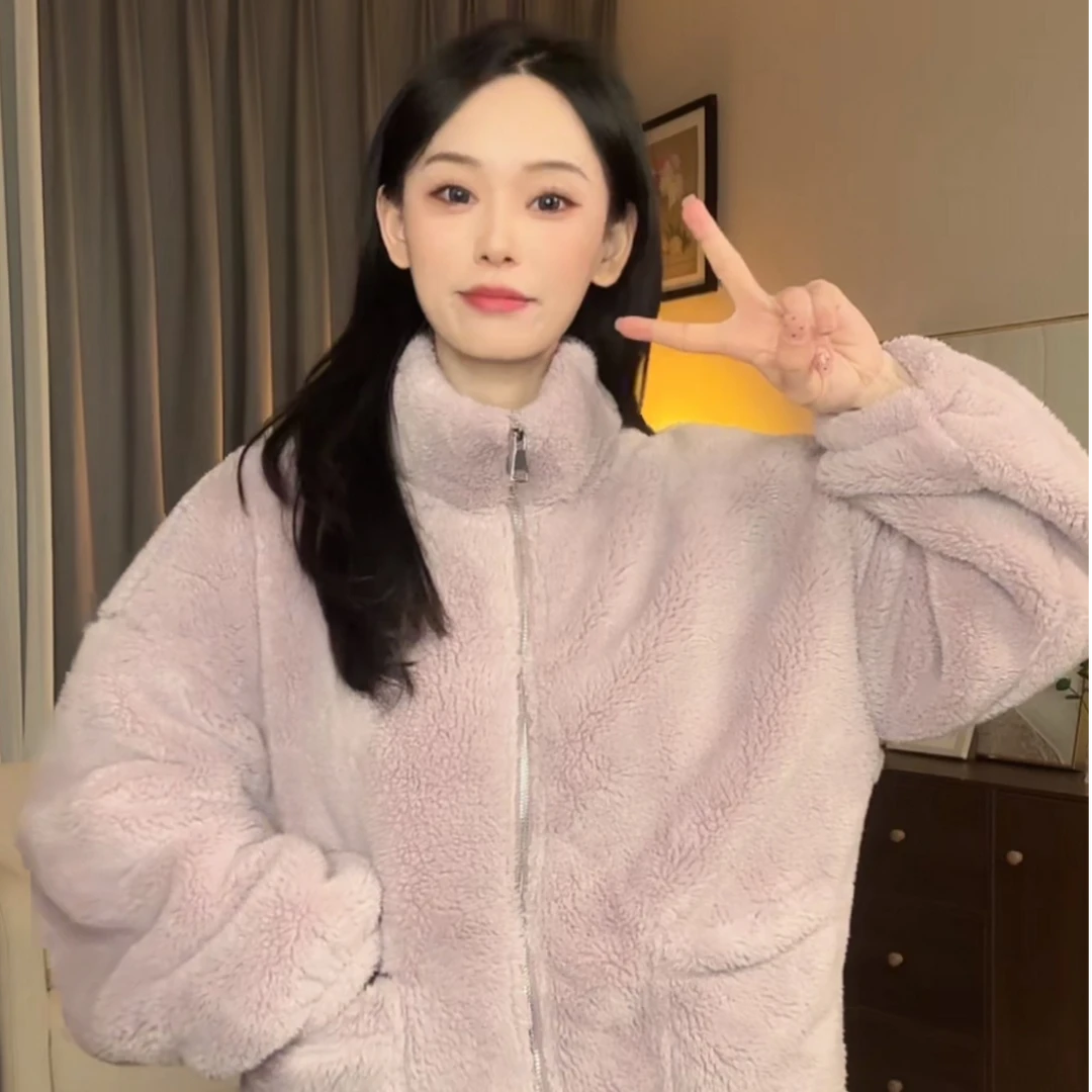 新款春季可外穿爆款女加绒加厚毛绒立领家居服女可外穿