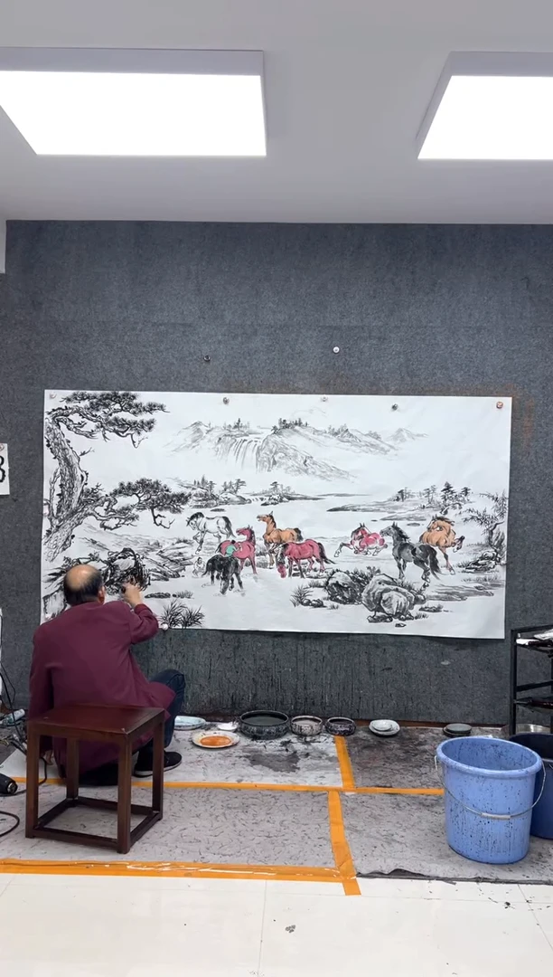 纸本国画定制同款 八骏   240x120cm