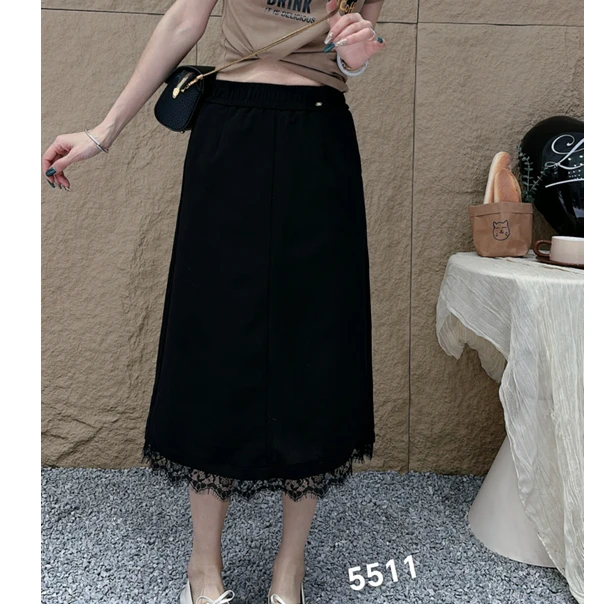 薇莎5511【现货】小个子80-150斤拼接蕾丝小米格布料中裙