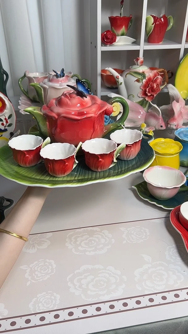 瓷玫瑰花茶壶整套，，，，