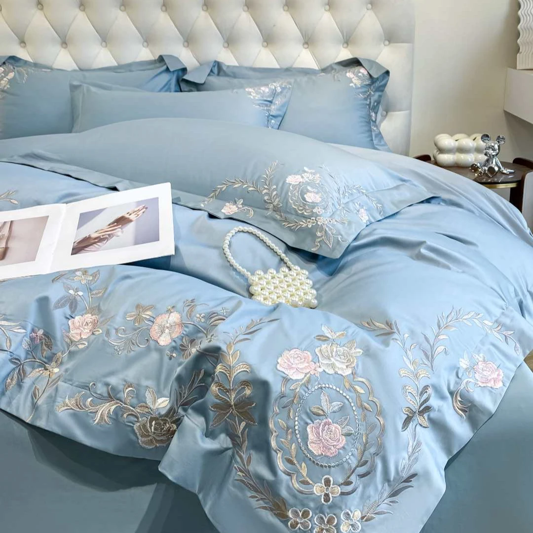 水星家纺高档轻奢A类200支全棉四件套纯棉被套刺绣花欧式四季通用
