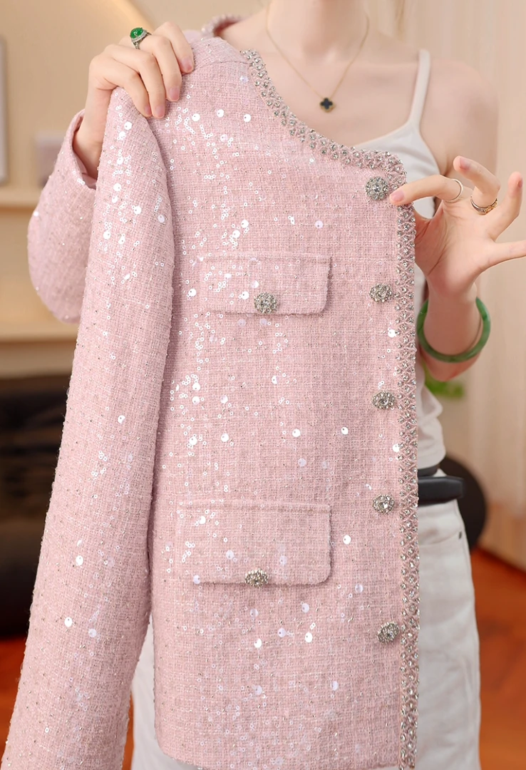 【AX】百搭时尚洋气名媛风气质轻奢修身粉色小香风外套