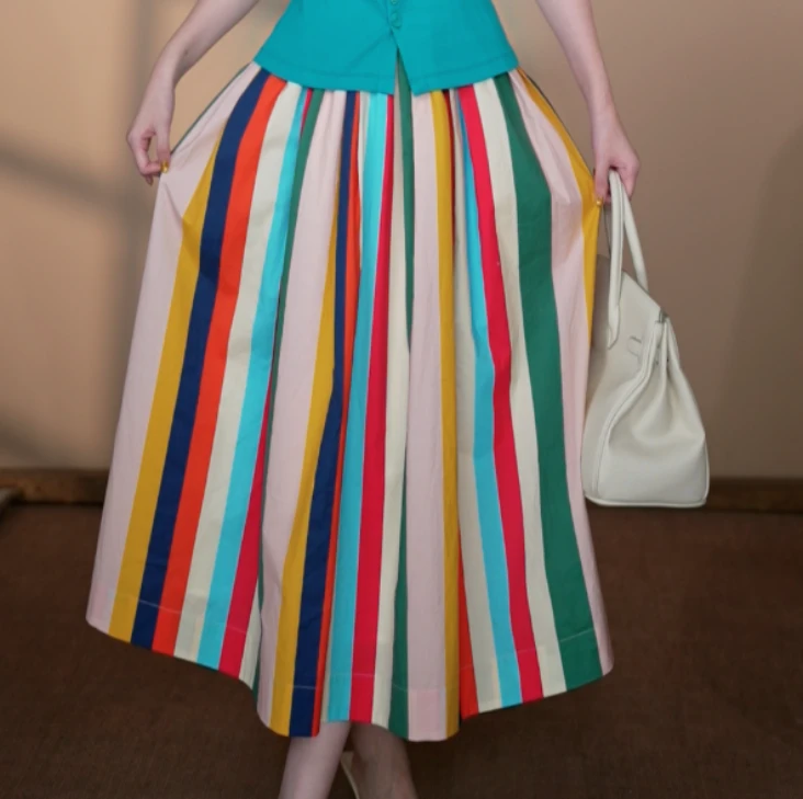 小井定制私服【彩云之南】新款彩虹条纹优雅伞裙显瘦时尚J25W525