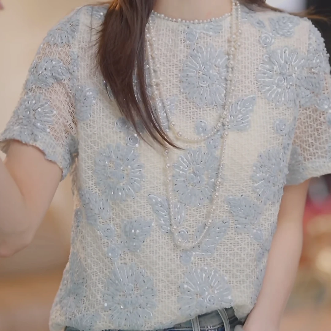 设计感向阳花蓝色短袖套头针织衫女2025夏季新款薄款时尚圆领上衣