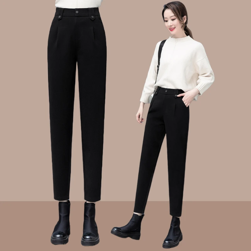 哈伦裤女2025年秋冬新款高腰毛呢裤子显瘦宽松休闲加厚百搭萝卜裤