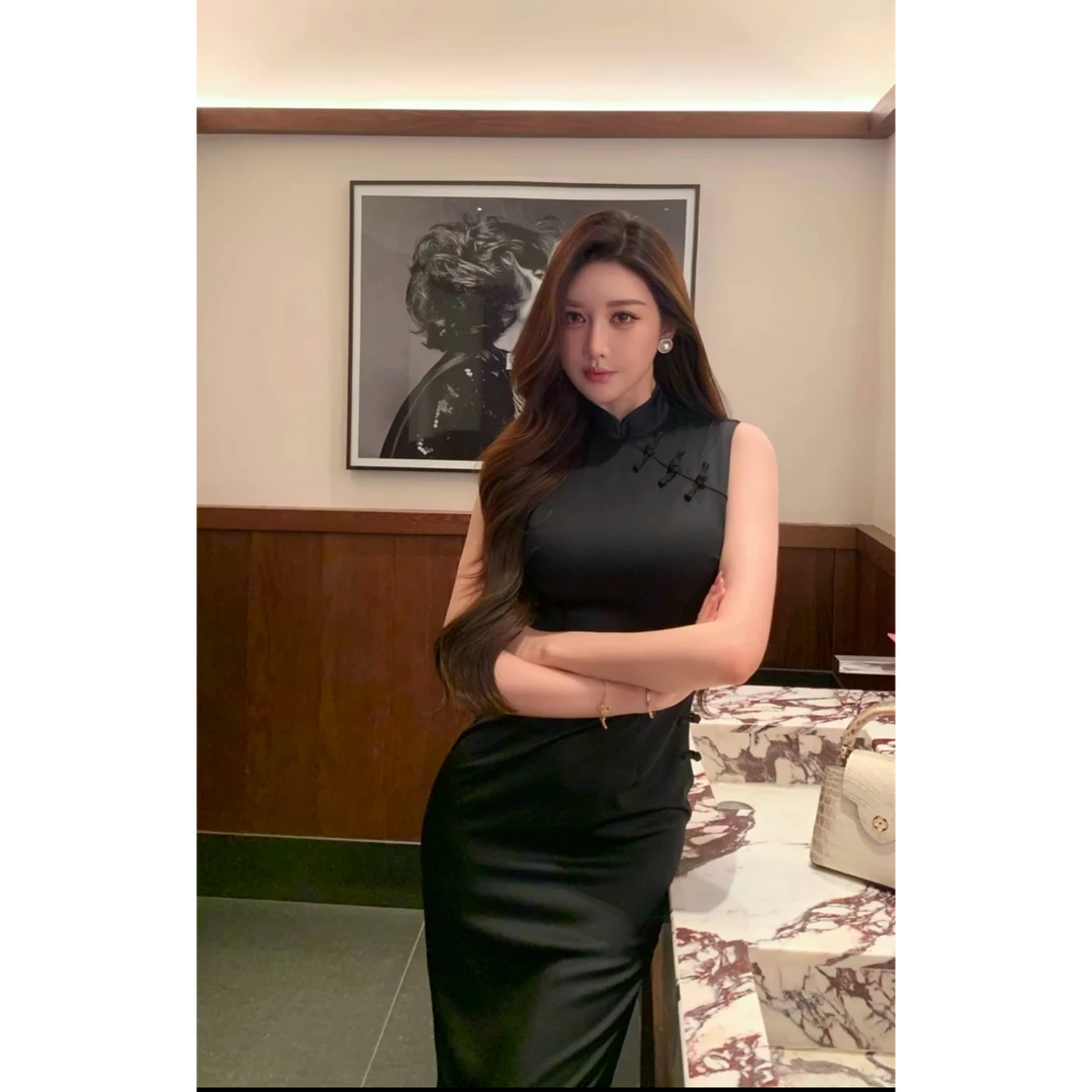 黑色气质醋酸改良旗袍连衣裙女古典复古国风侧开叉性感长裙