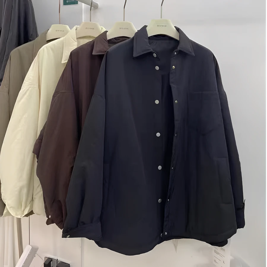 oxm韩版2024秋冬轻薄棉服女宽松百搭纯色大口袋中长款翻领棉外套