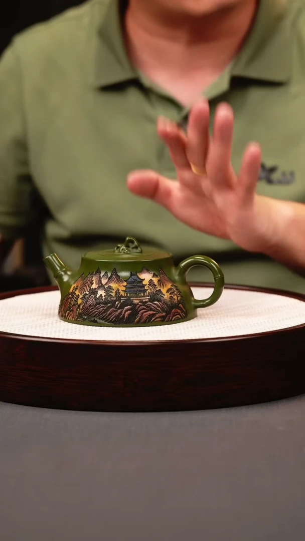 茶壶紫砂绿泥彩刻山水竹节半月