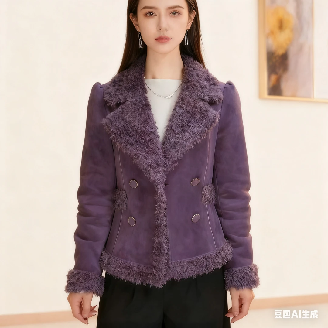 小香风皮毛秋冬一体2025新款时尚气质保暖长袖短款加绒西装领外套