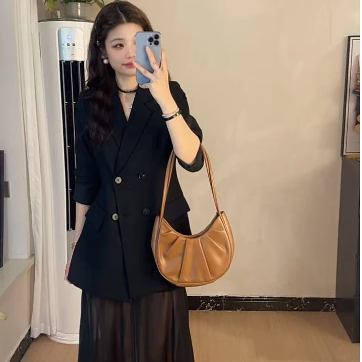 韩系轻奢气质套装裙女秋季长袖西装上衣黑色洋气雪纺拼接半身裙