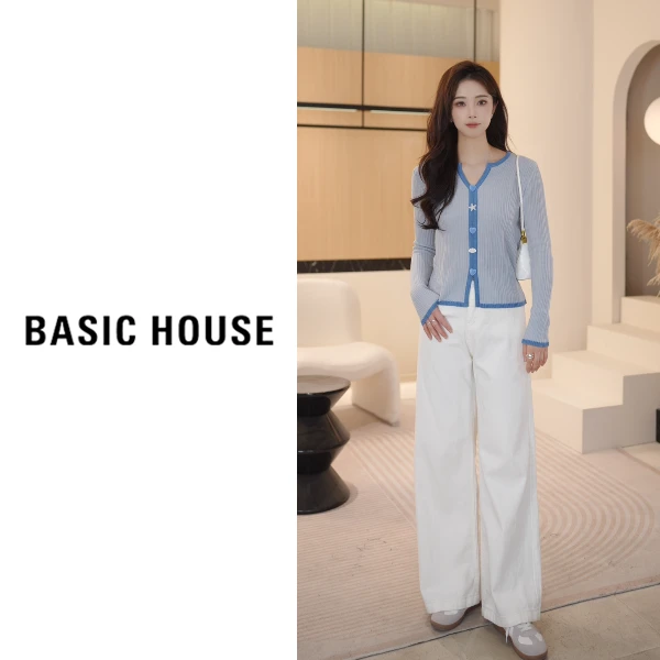 Basic House/百家好春季新款时尚气质V领针织开衫B1195B5H422