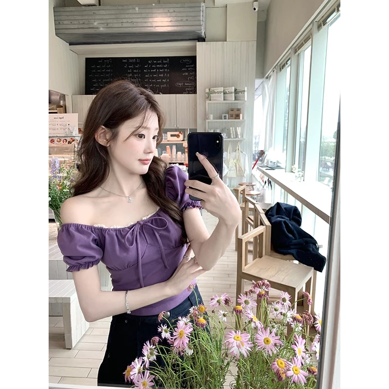 泽西岛玫瑰温柔明媚百搭蕾丝方领花苞袖短款上衣女一字肩气质新款