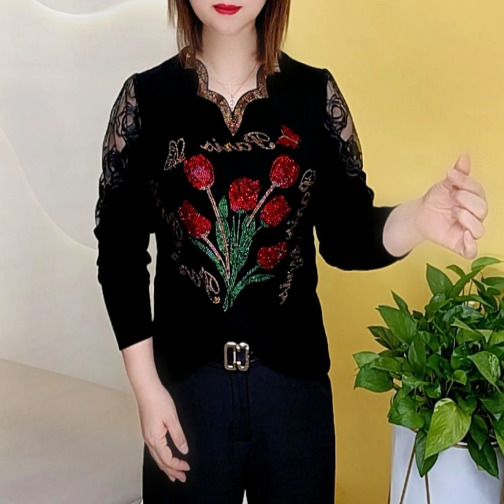 时尚洋气百搭V领烫钻高贵气质黑色打底衫小衫修身显瘦长袖上衣女